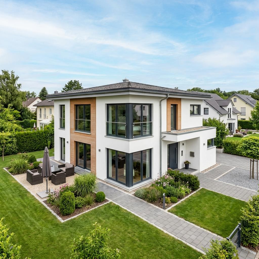 Kubushaus Klima 152 des Herstellers KAMPA mit Flachdach — kubisches Fertighaus im Bauhausstil mit 152 m²