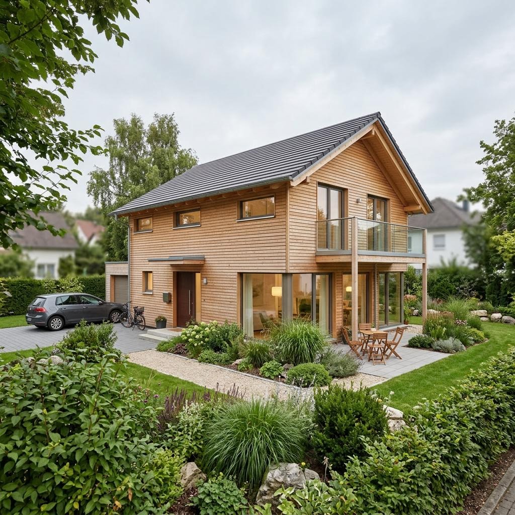 Modulhaus eco 95 des Herstellers KAMPA — zweigeschossiges Holzmodulhaus mit Satteldach und 95 m²