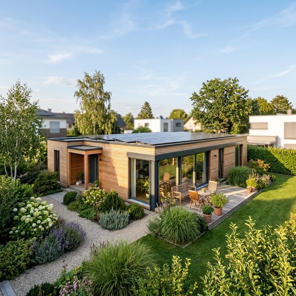 Klimafreundliches Modulhaus Klima 100 des Herstellers kampa mit Flachdach und Photovoltaik