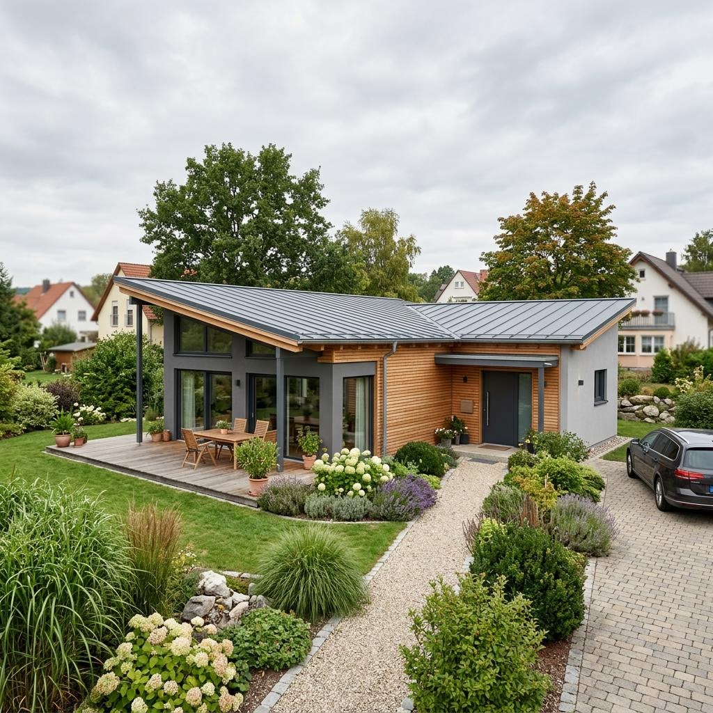 Pultdach-Bungalow PultFlow Bungalow 112 des Herstellers KAMPA mit Solardach und barrierearmem Grundriss