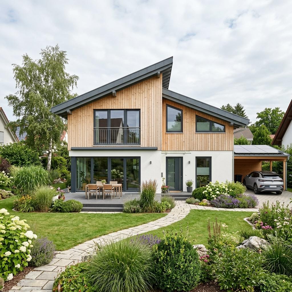 Pultdachhaus PultKlima 168 des Herstellers KAMPA mit versetztem Dach und Energieplus-Solaranlage