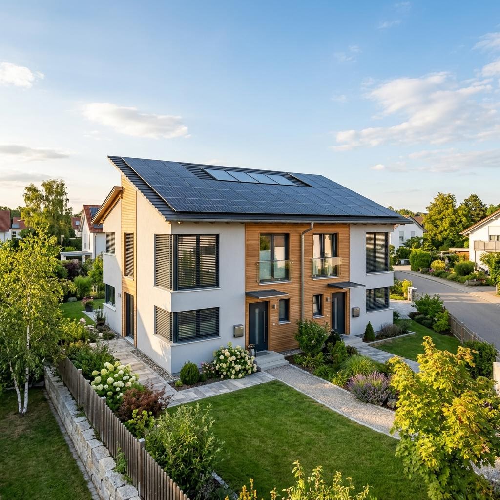 Klimafreundliches Zweifamilienhaus KlimaDuo 200 des Herstellers kampa mit Pultdach und Photovoltaik