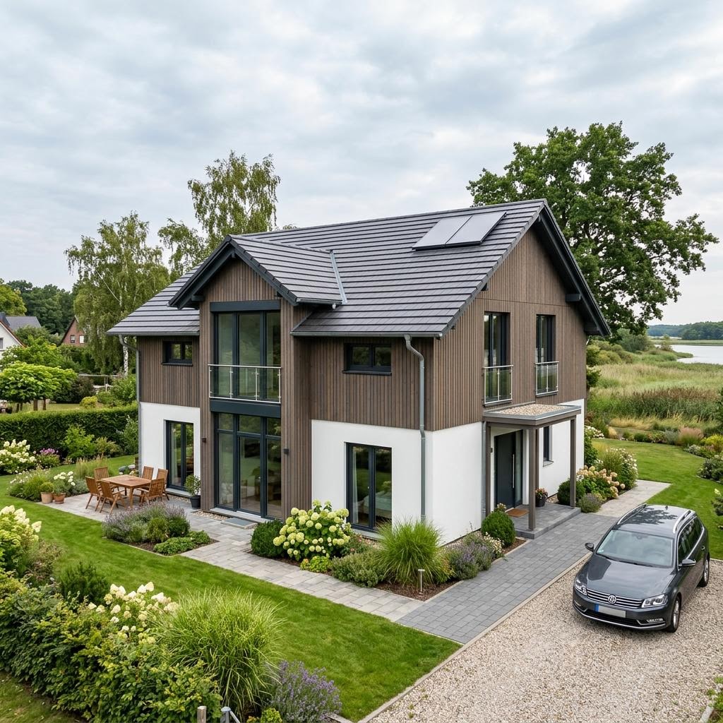 Kapitänshaus Boddenblick 166 des Herstellers Kaphaus Nord mit breitem Zwerchhaus und Panoramafenstern