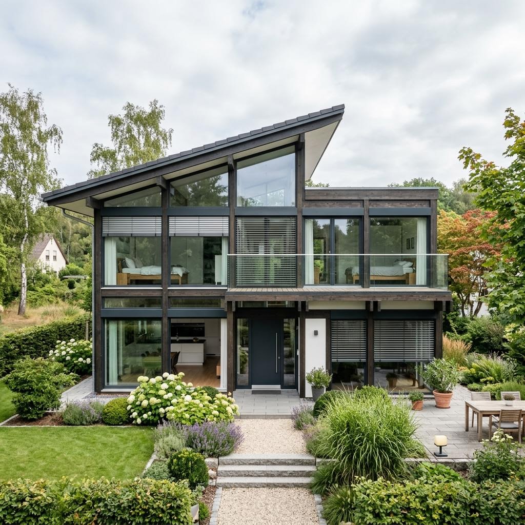 Fachwerkhaus Atrium 152 des Herstellers KD-Haus aus Holz und Glas mit Pultdach und Innenhof