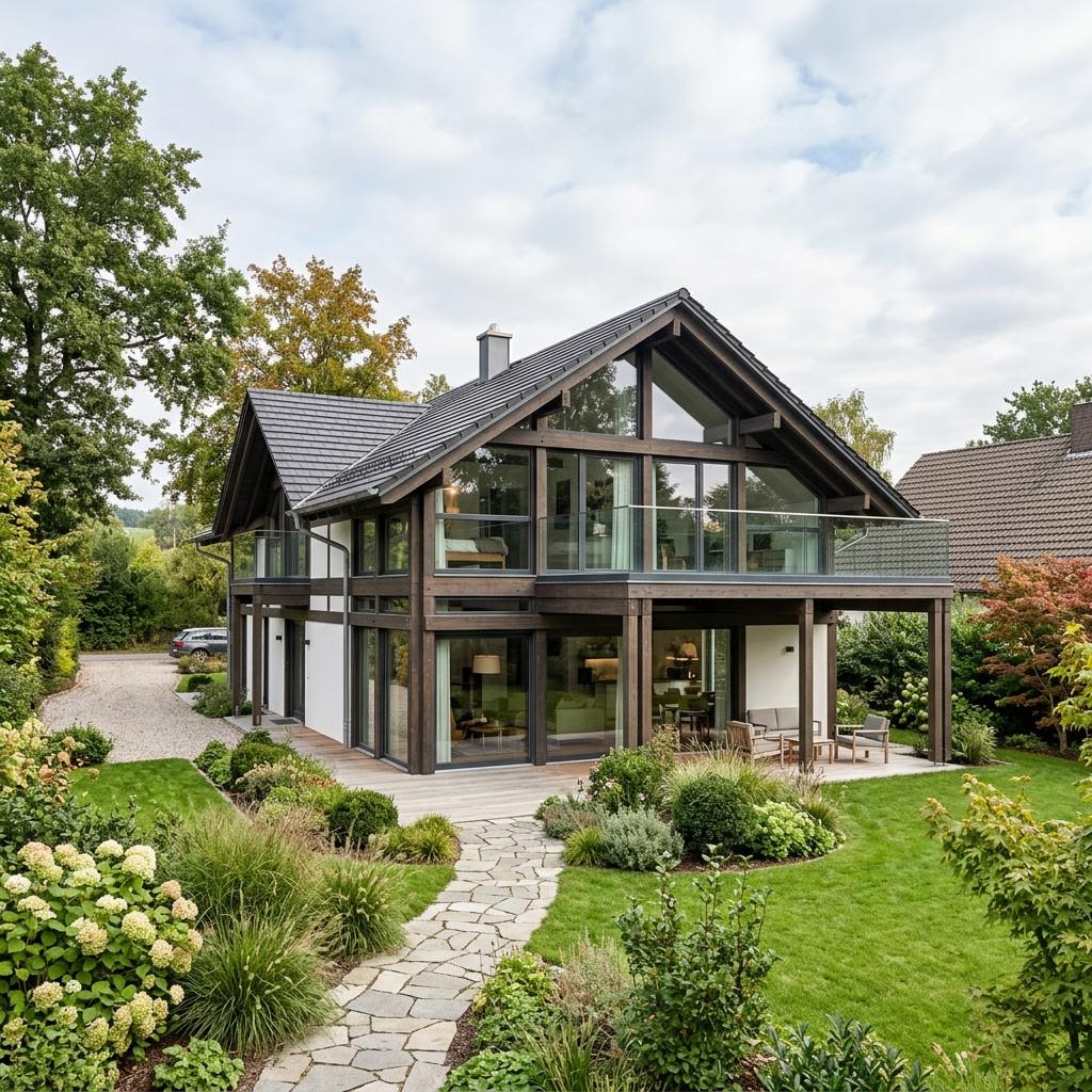 Modernes Fachwerkhaus Glashaus 176 des Herstellers KD-Haus aus Holz und Glas mit Satteldach
