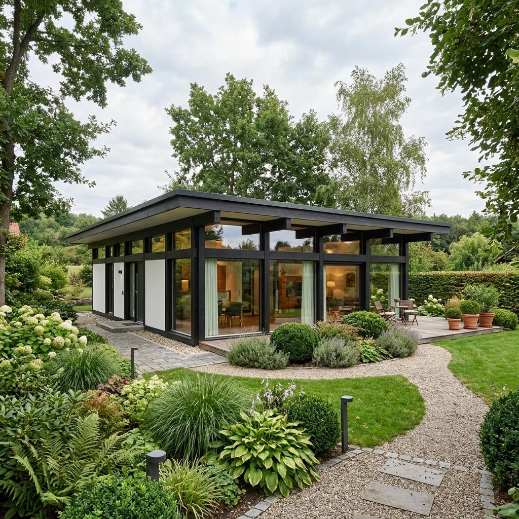 Fachwerkhaus Pavillon 116 des Herstellers KD-Haus aus Holz und Glas mit Flachdach ebenerdig