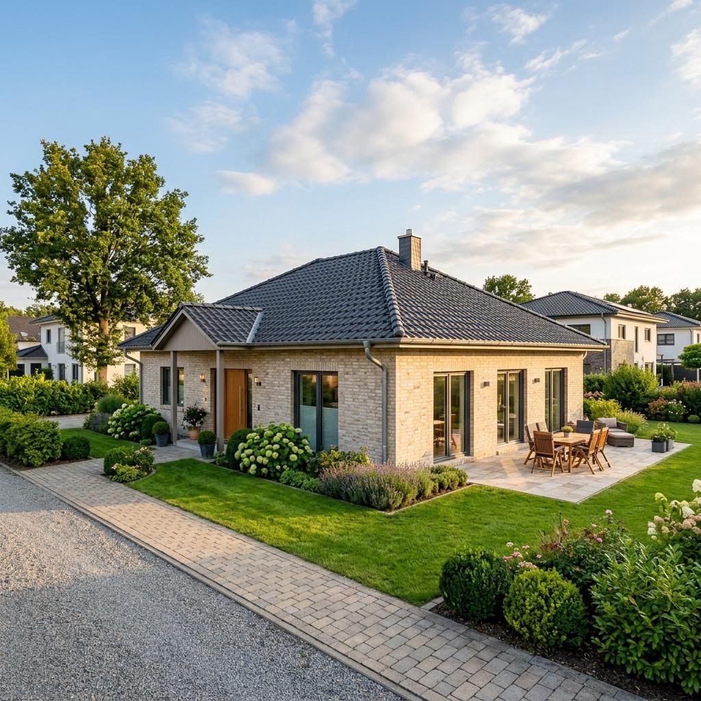 Massiver Bungalow Vitalis 126 des Herstellers Kern-Haus mit Walmdach