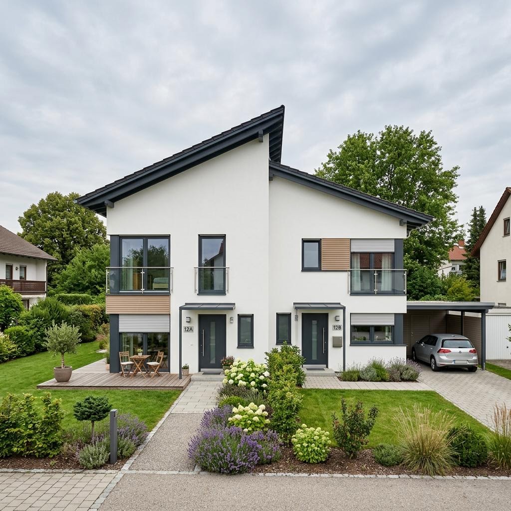 Doppelhaushälfte Doppelhaus Duo Vio 122 des Herstellers Kern-Haus — Versetztes Pultdach, 122 m² für schlanke Grundstücke