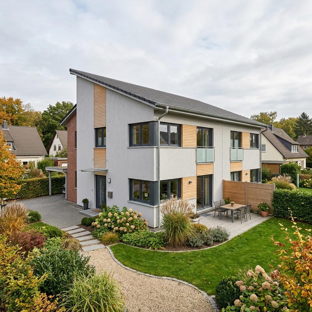 Doppelhaushälfte Doppelhaus Duplo 106 des Herstellers Kern-Haus — Pultdach, 106 m² für schlanke Grundstücke