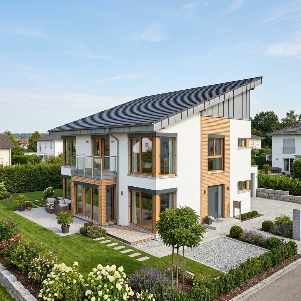 Kubushaus Modern 154 des Herstellers LEHNER HAUS mit versetztem Pultdach — kubisches Fertighaus im Bauhausstil mit 154 m²