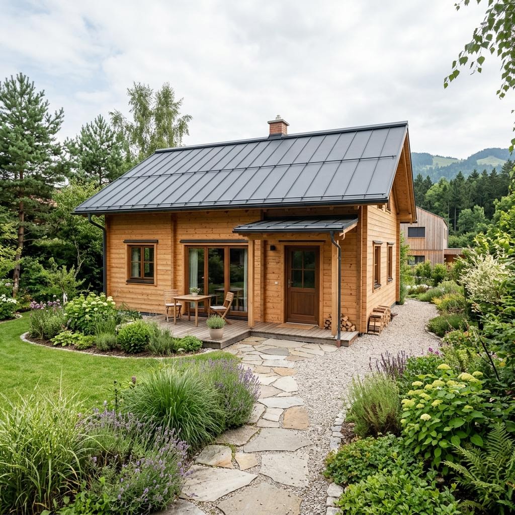 Ferienhaus Almhütte 38 des Herstellers LéonWood als kleine Blockhütte im Almstil mit Loggia