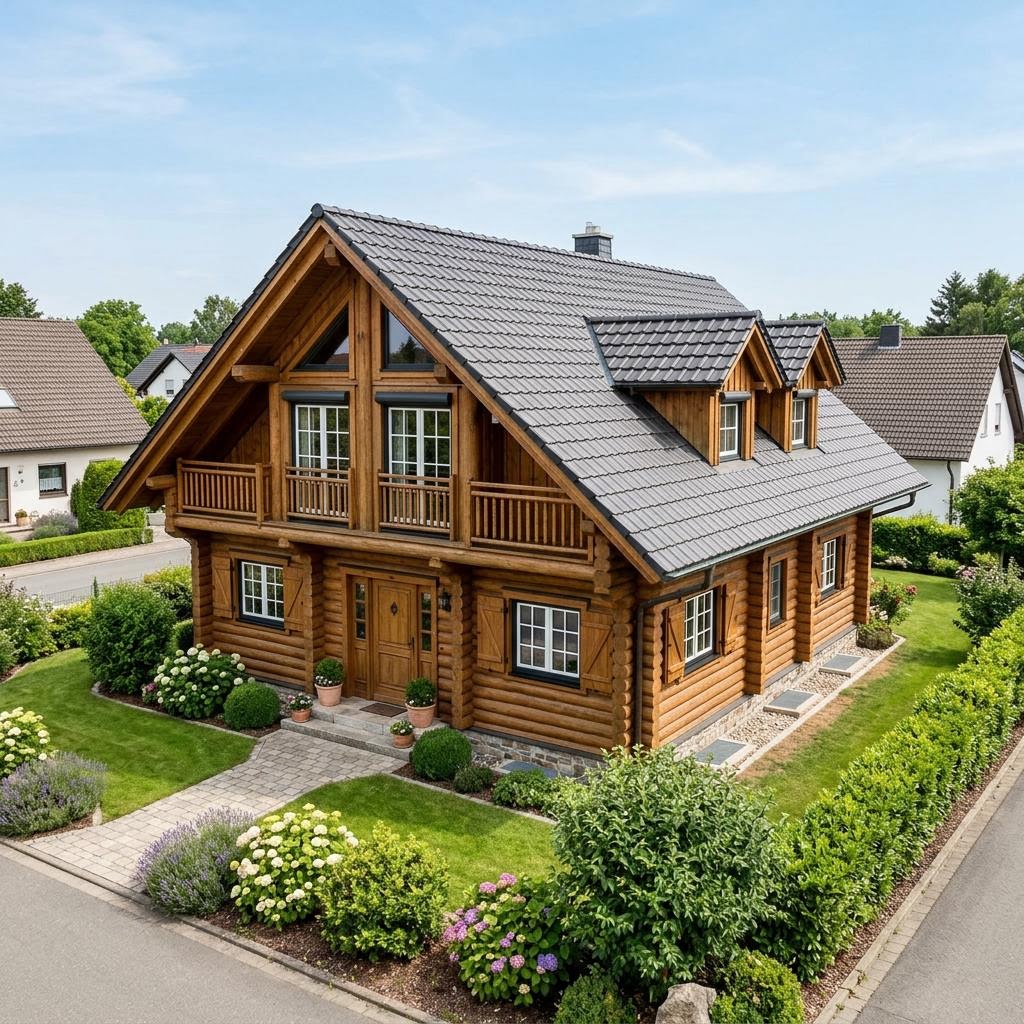 Holzhaus Blockhaus Alaska 146 des Herstellers Léonwood Holz-Blockhaus — Massivholzhaus mit Satteldach und 146 m²