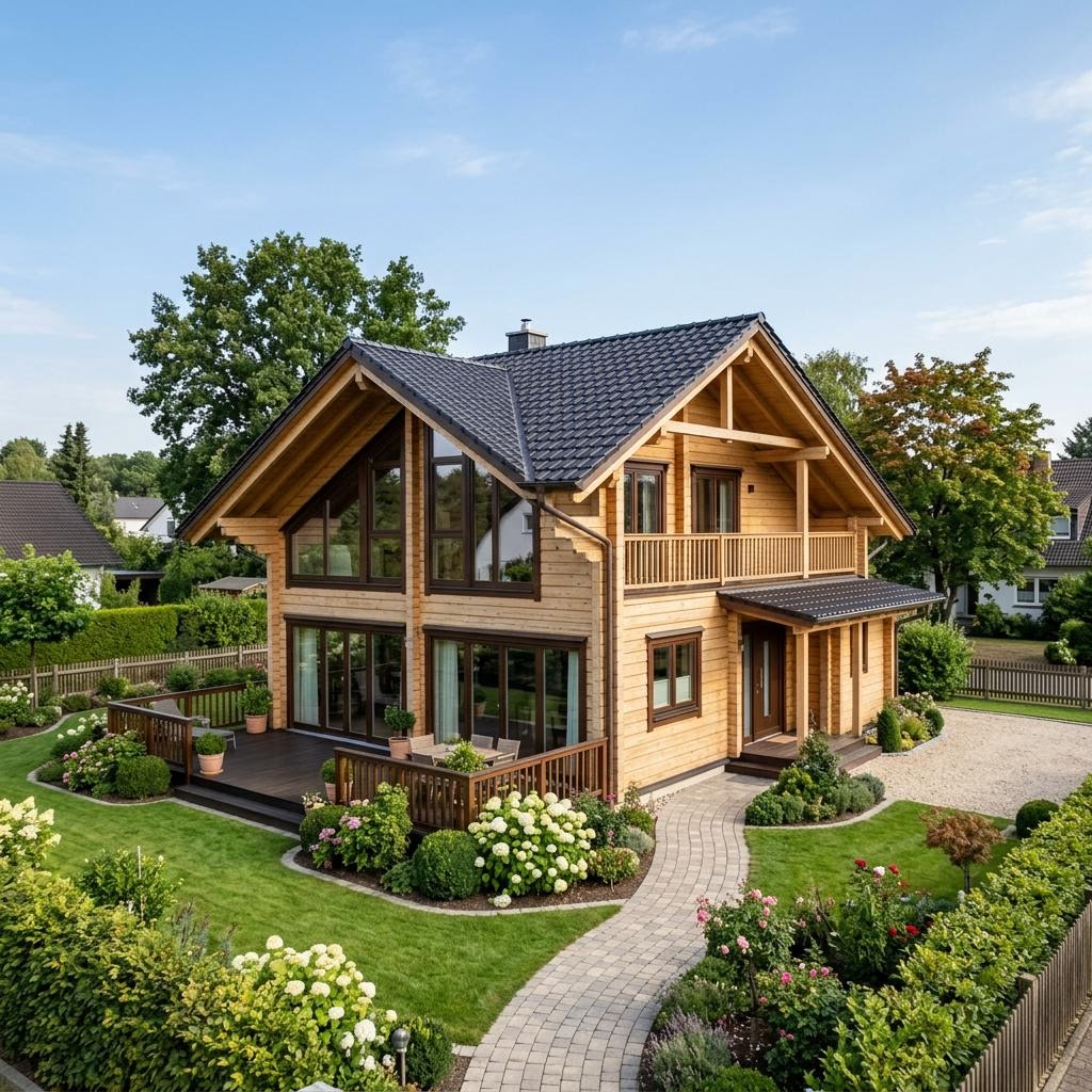 Blockhaus Birka 146 des Herstellers Léonwood Holz-Blockhaus mit Satteldach — Massivholzhaus mit 146 m²