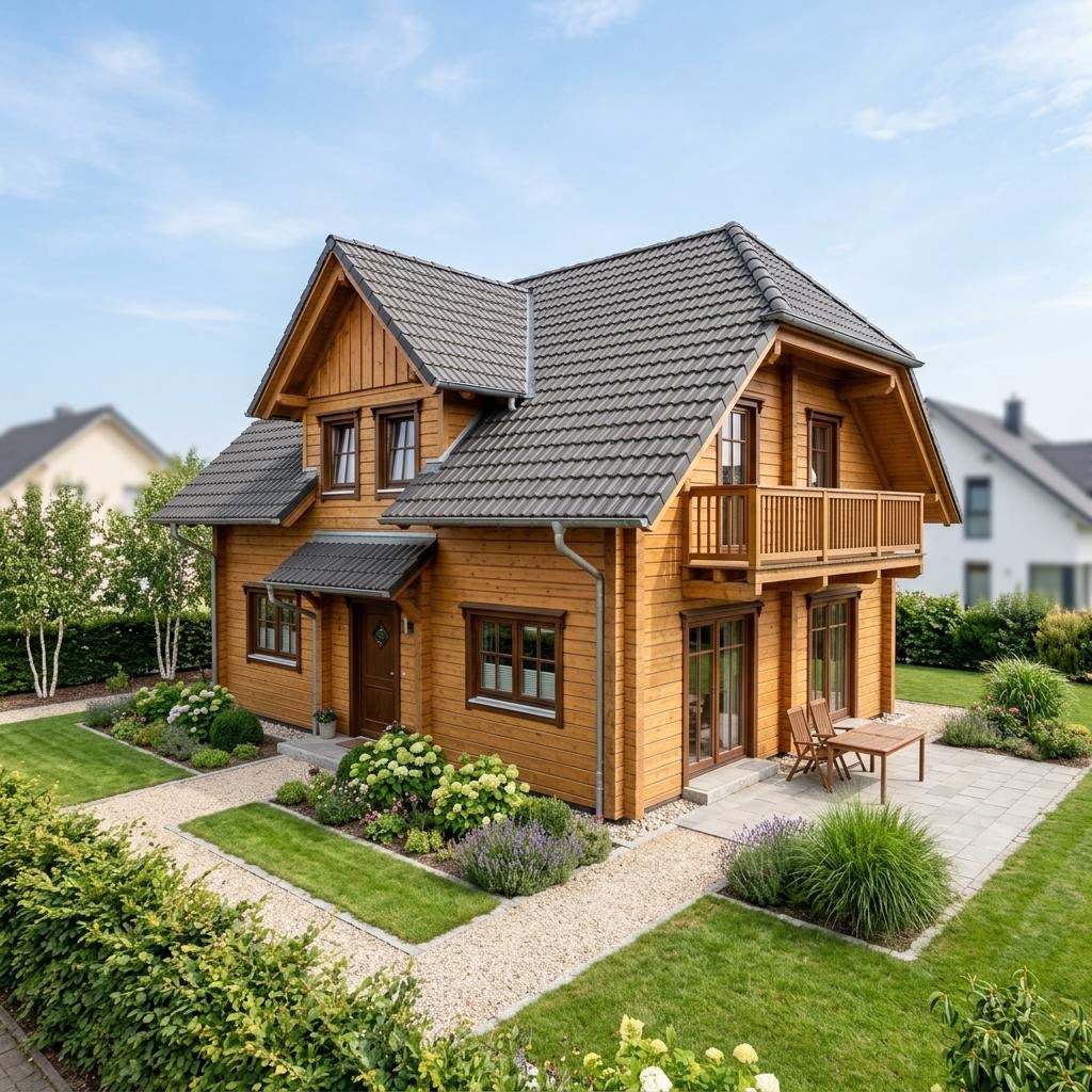 Blockhaus Fjell 124 des Herstellers Léonwood Holz-Blockhaus mit Krüppelwalmdach — Massivholzhaus mit 124 m²