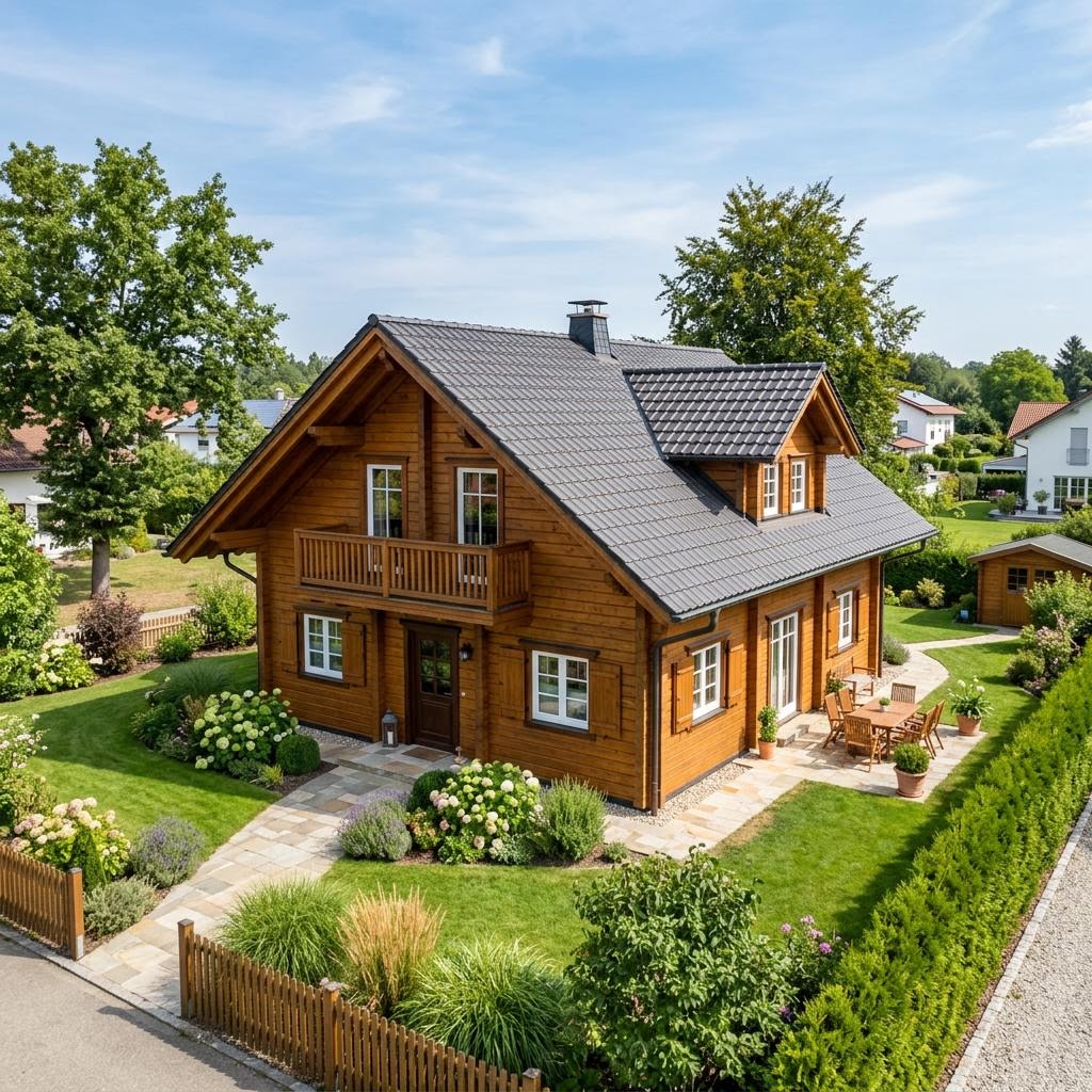 Blockhaus Lodge 138 des Herstellers Léonwood Holz-Blockhaus mit Satteldach und Veranda — Massivholzhaus mit 138 m²