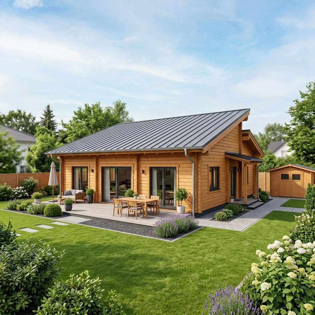 Blockhaus Nordica 116 des Herstellers Léonwood Holz-Blockhaus mit Pultdach — ebenerdiges Massivholzhaus mit 116 m²