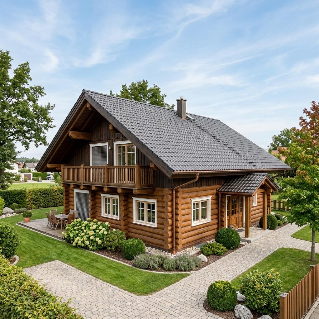 Holzhaus Blockhaus Quebec 168 des Herstellers Léonwood Holz-Blockhaus — Massivholzhaus mit Satteldach und 168 m²