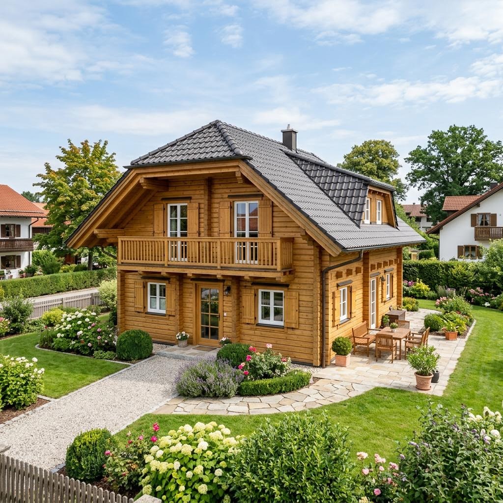 Blockhaus Saga 152 des Herstellers Léonwood Holz-Blockhaus mit Krüppelwalmdach — Massivholzhaus mit 152 m²