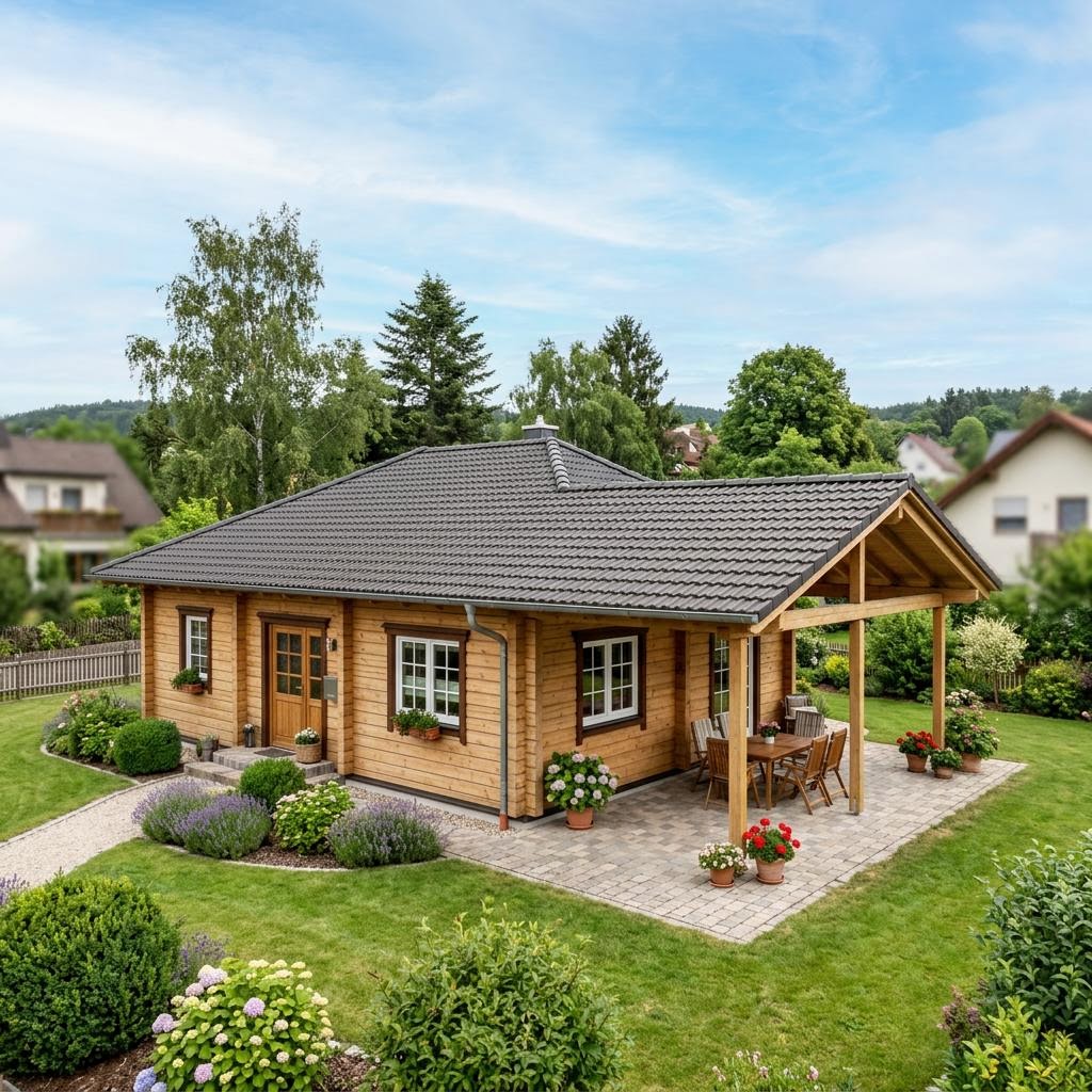 Blockhaus Taiga 108 des Herstellers Léonwood Holz-Blockhaus mit Schleppdach — ebenerdiges Massivholzhaus mit 108 m²