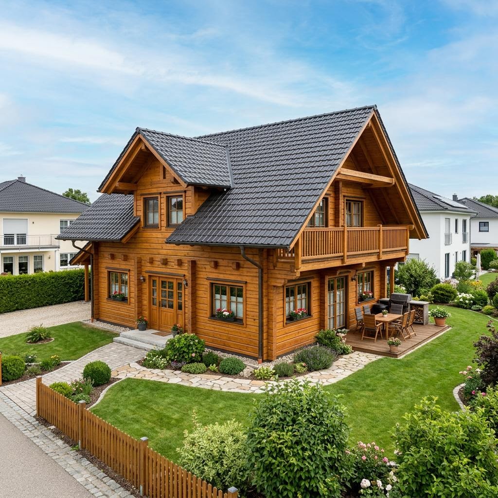 Blockhaus Tundra 162 des Herstellers Léonwood Holz-Blockhaus mit Satteldach und Galerie — Massivholzhaus mit 162 m²