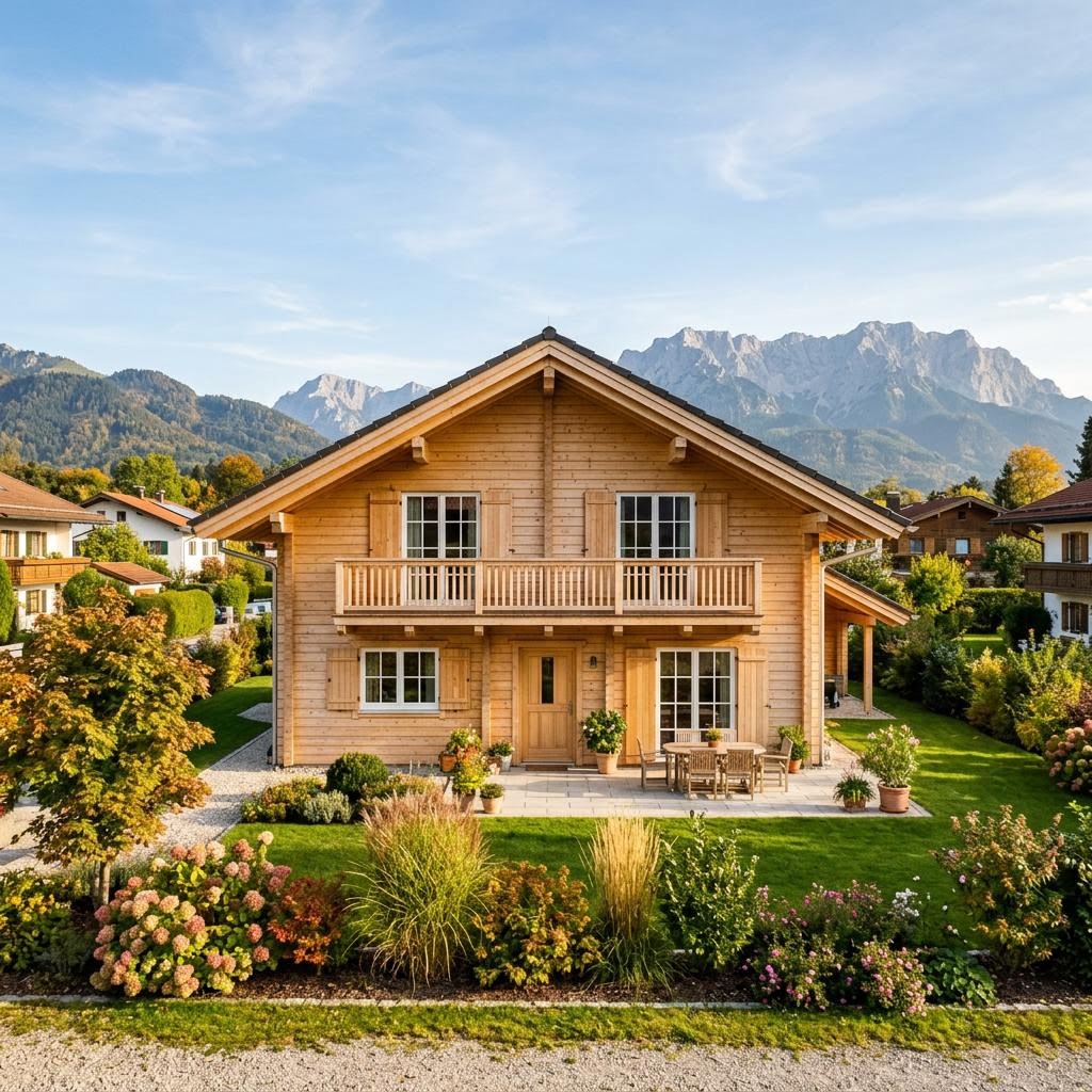 Chalet Chalet Wetterstein des Herstellers LéonWood mit Satteldach und Holzfassade