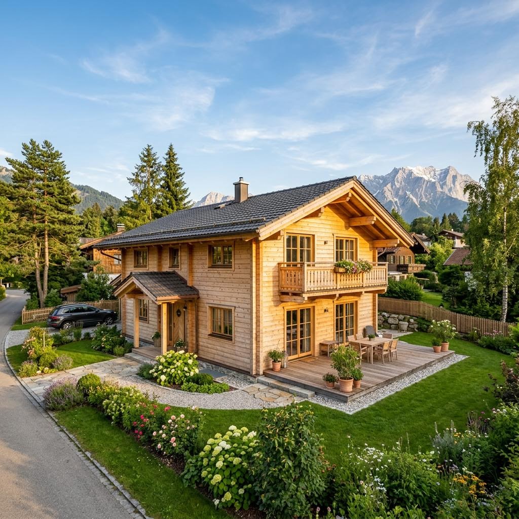 Chalet Chalet Zugspitze des Herstellers LéonWood mit Satteldach und Holzfassade