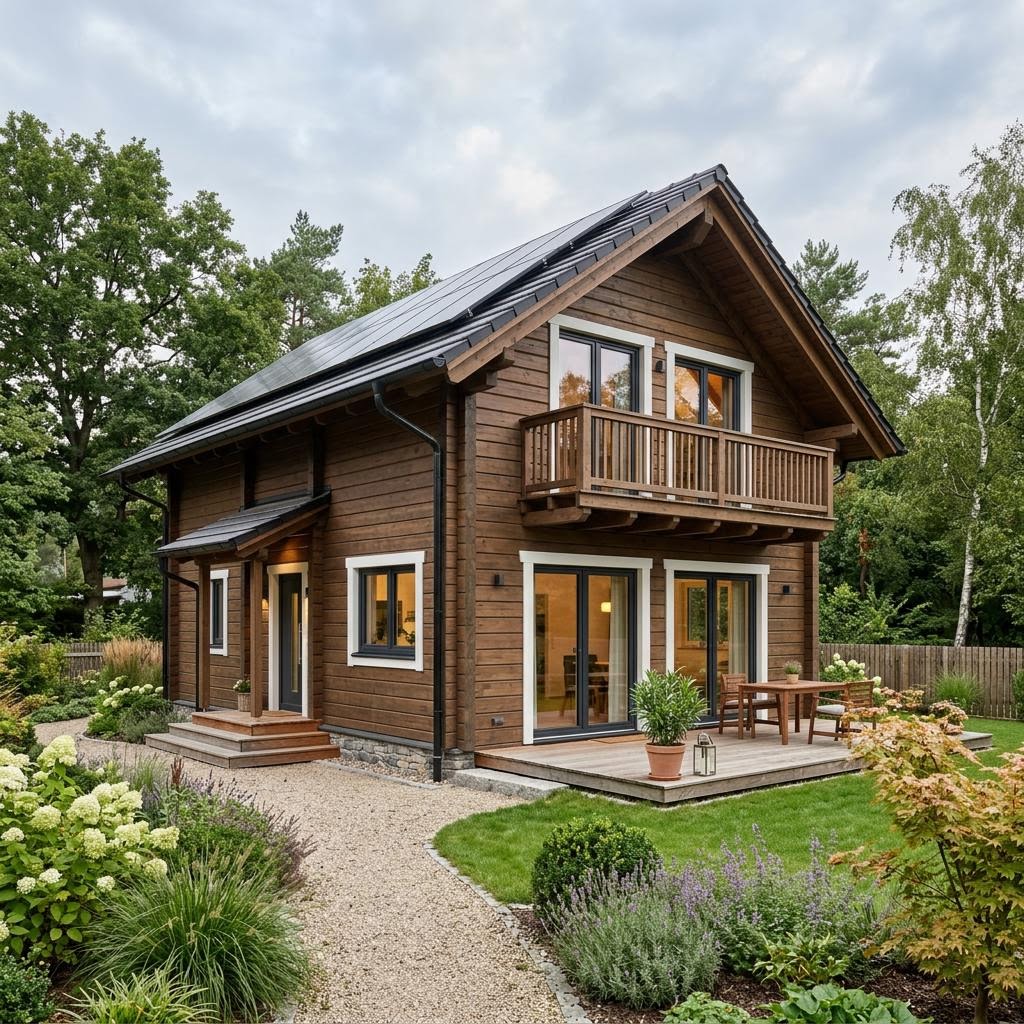 Ferienhaus Fjell 84 des Herstellers LéonWood als zweigeschossiges Blockhaus aus Polarholz mit Satteldach