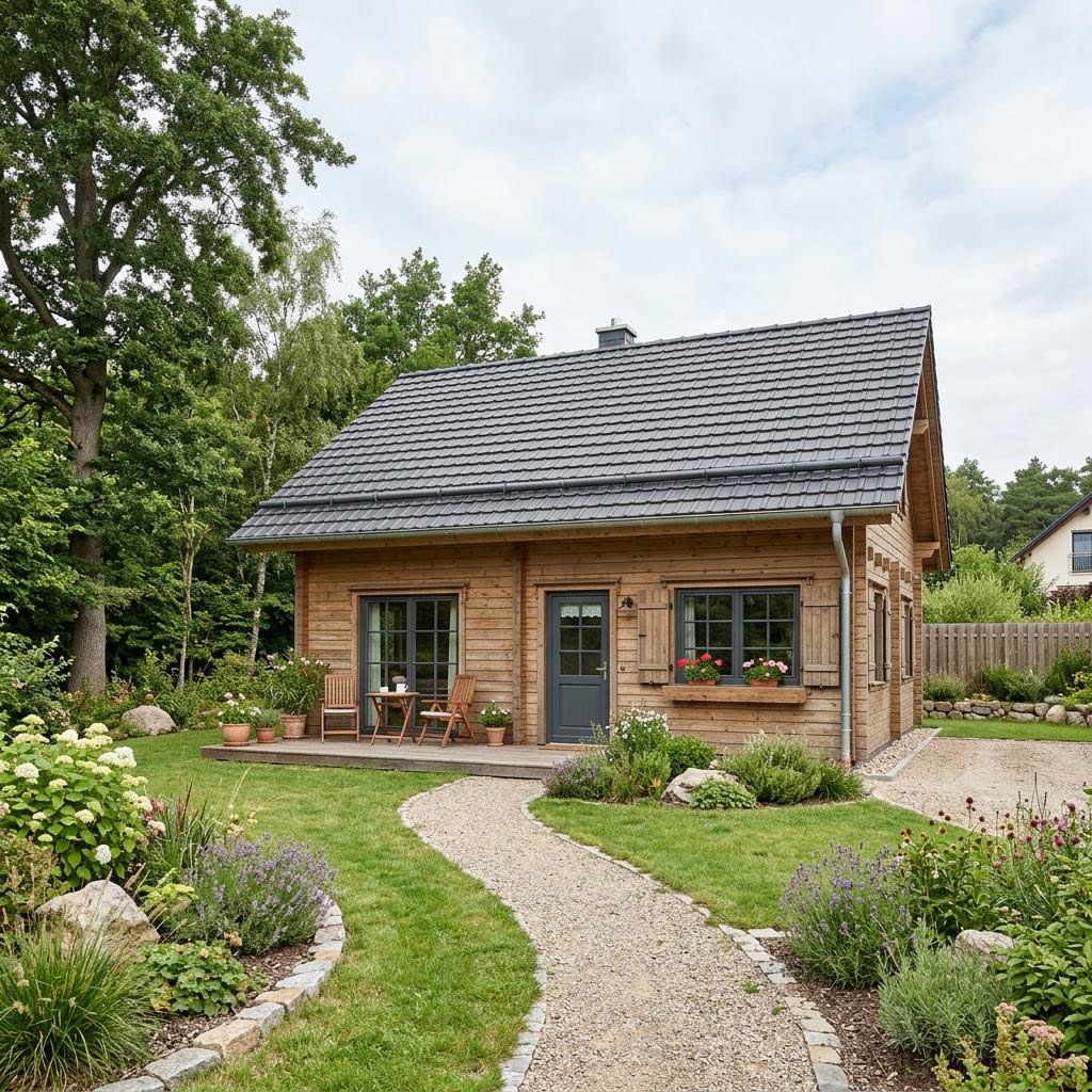 Ferienhaus Jagdhaus 70 des Herstellers LéonWood als rustikales Blockhaus mit steilem Satteldach