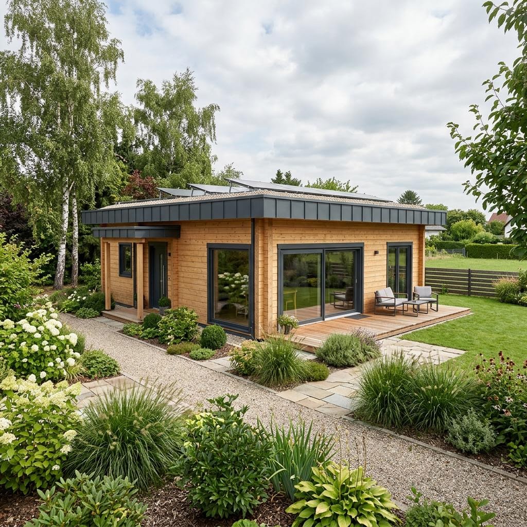 Blockhaus Nordic Cube 96 des Herstellers LéonWood mit Flachdach und moderner Kubatur