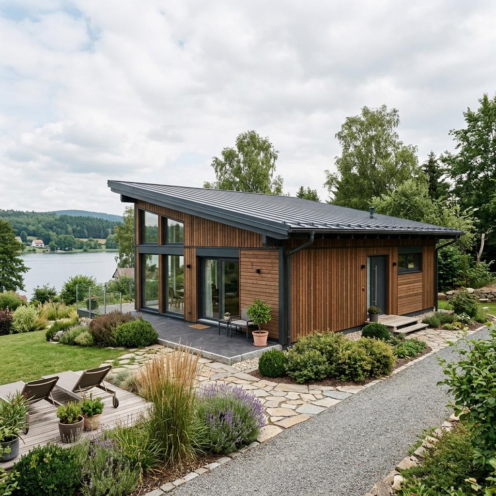 Ferienhaus Seeblick 96 des Herstellers LéonWood als modernes Blockhaus mit Pultdach und Glasfront