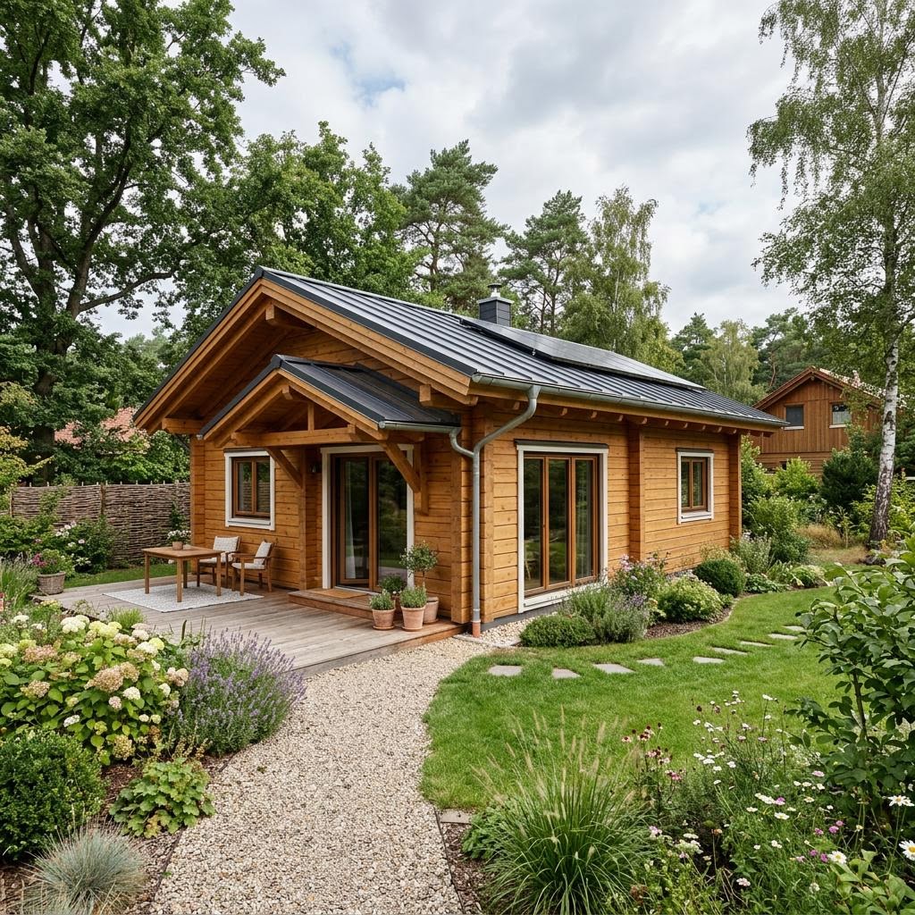 Kleines Blockhaus Waldkate 88 des Herstellers LéonWood aus Massivholz mit Satteldach