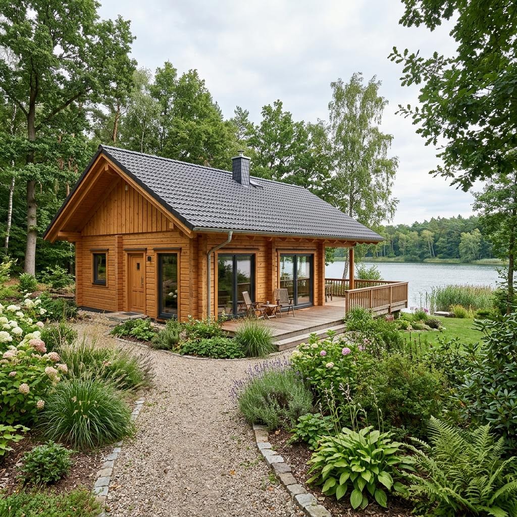 Ferienhaus Waldsee 52 des Herstellers LéonWood als Blockhaus-Bausatz aus Polarholz mit Satteldach
