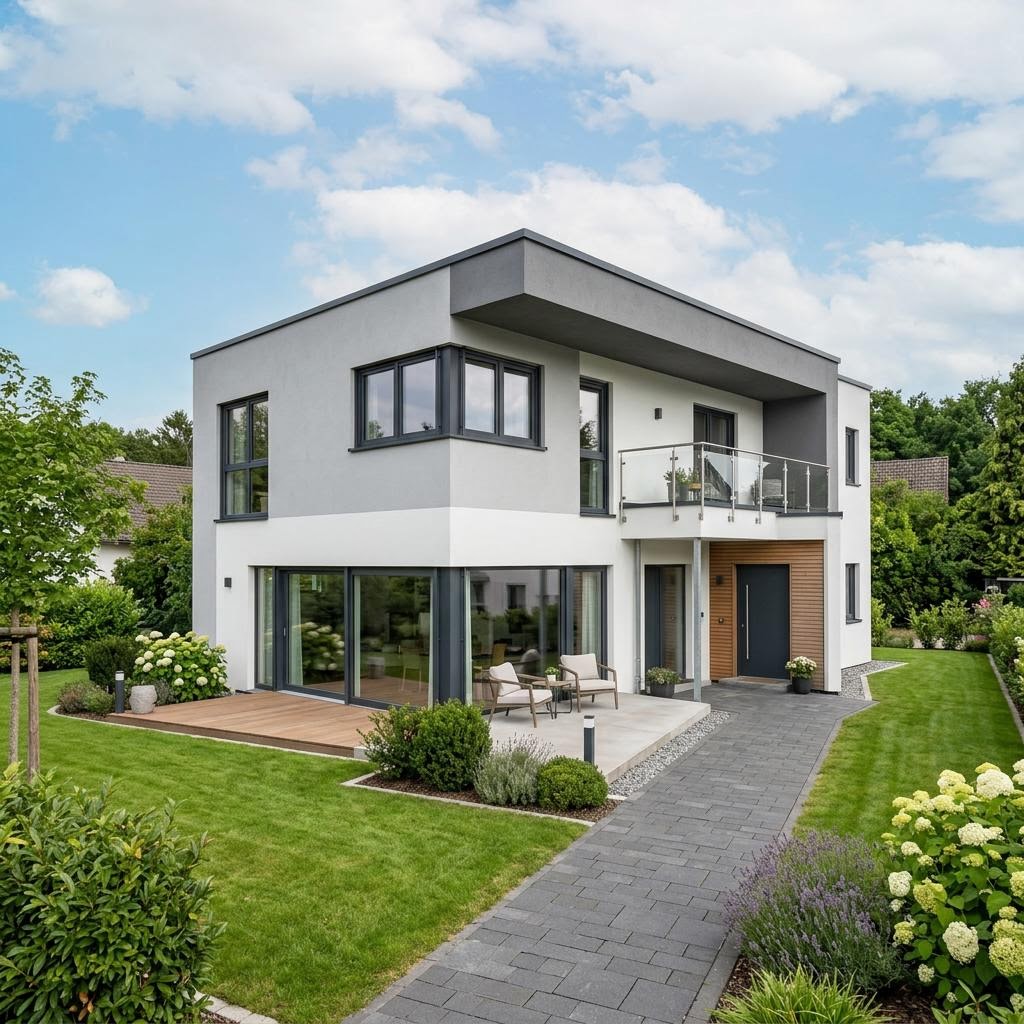 Kubushaus Solution 140 des Herstellers Living Fertighaus mit Flachdach — kubisches Fertighaus im Bauhausstil mit 140 m²