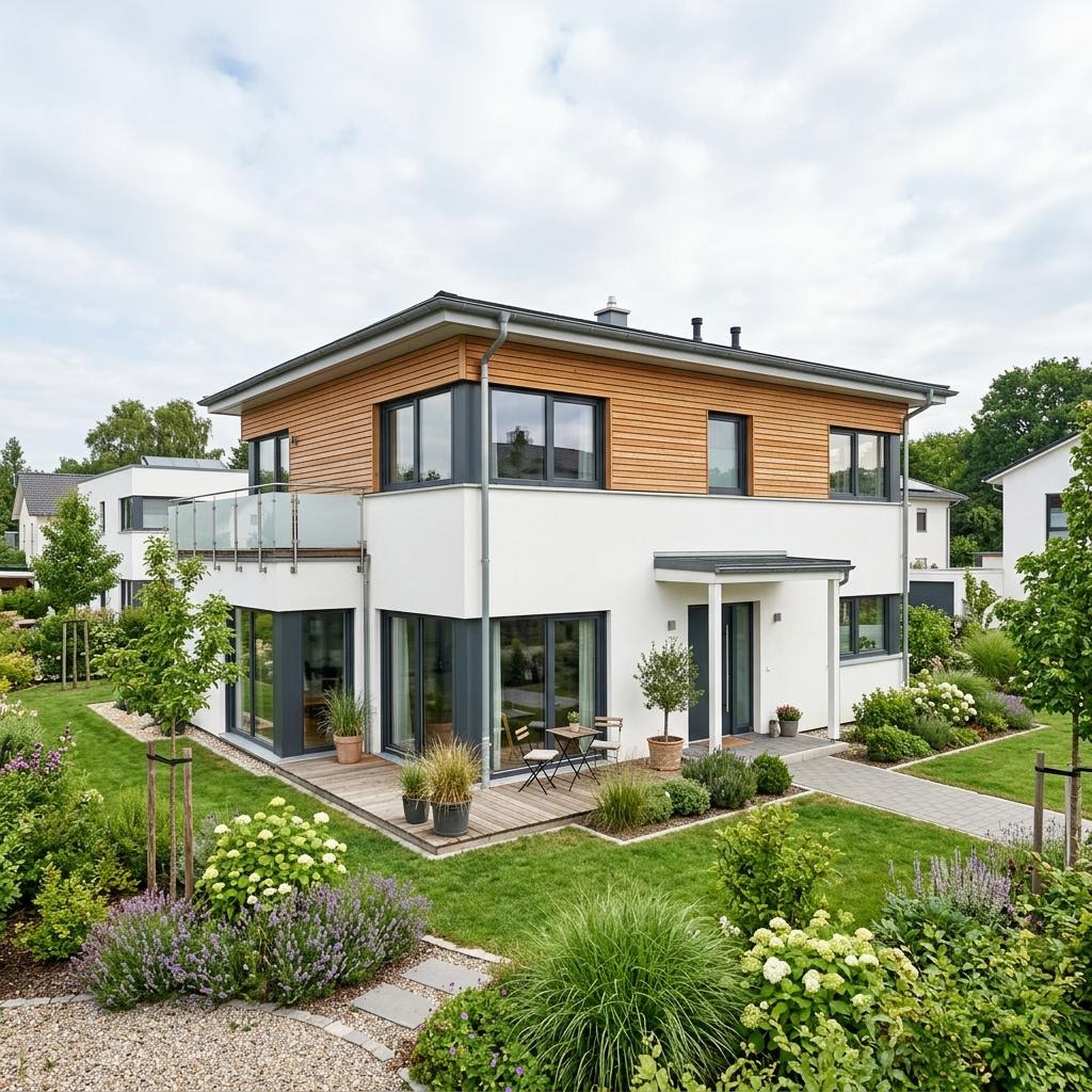 Flachdachhaus Solution Flat 116 Kompakt des Herstellers Living Fertighaus mit Flachdach — platzsparendes Holzfertighaus mit 116 m²