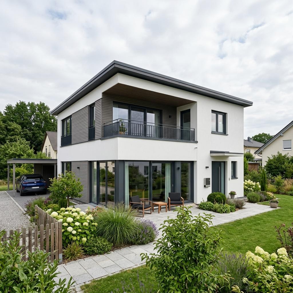 Flachdachhaus Solution Flat 158 V3 des Herstellers Living Fertighaus mit Flachdach — Holzfertighaus mit 158 m² und Dachterrasse