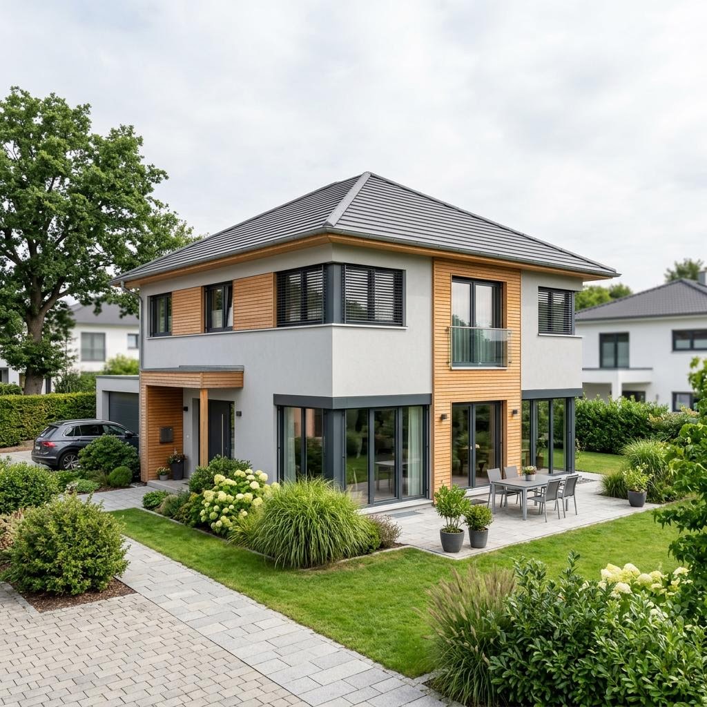 Stadtvilla Aria Nova 152 des Herstellers LUXHAUS mit Walmdach und Innenhofbezug