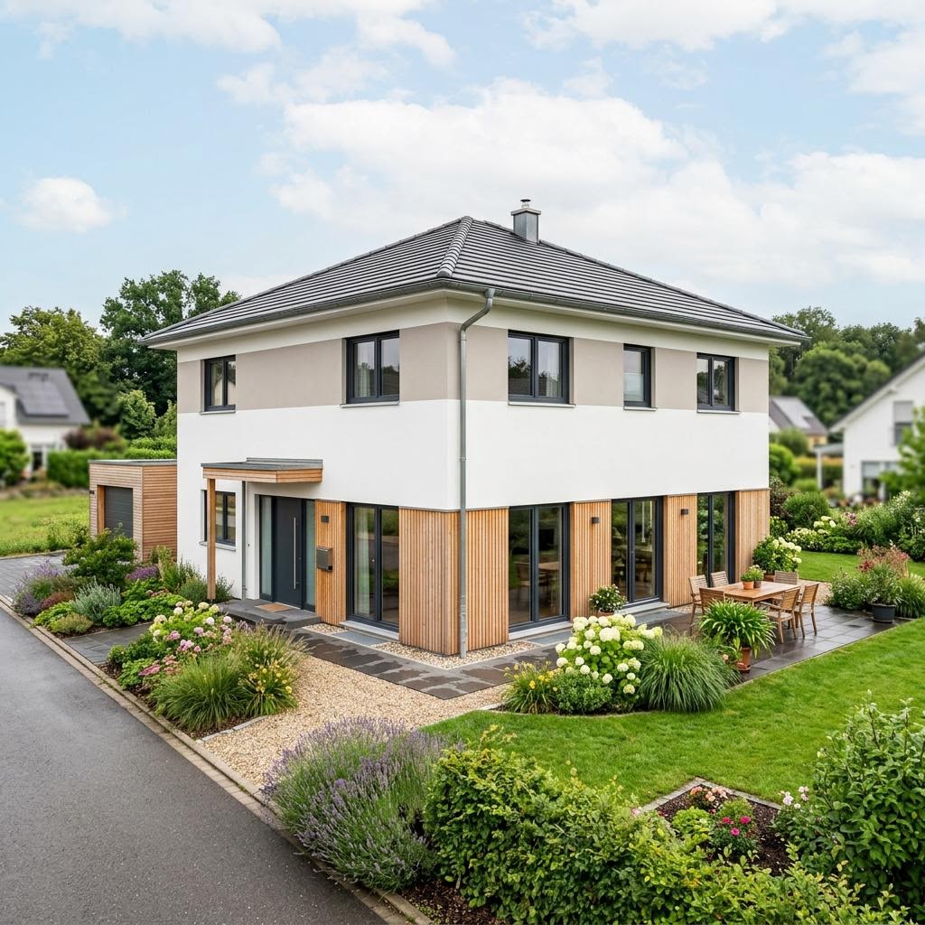 Stadtvilla Domus Fina 146 des Herstellers LUXHAUS mit Walmdach und Smart-Home-Technik