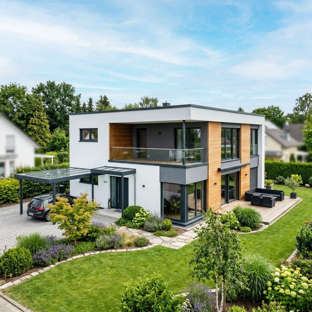Flachdachhaus Flachdach Modern 160 des Herstellers LUXHAUS — diffusionsoffener Holzbau mit 160 m²