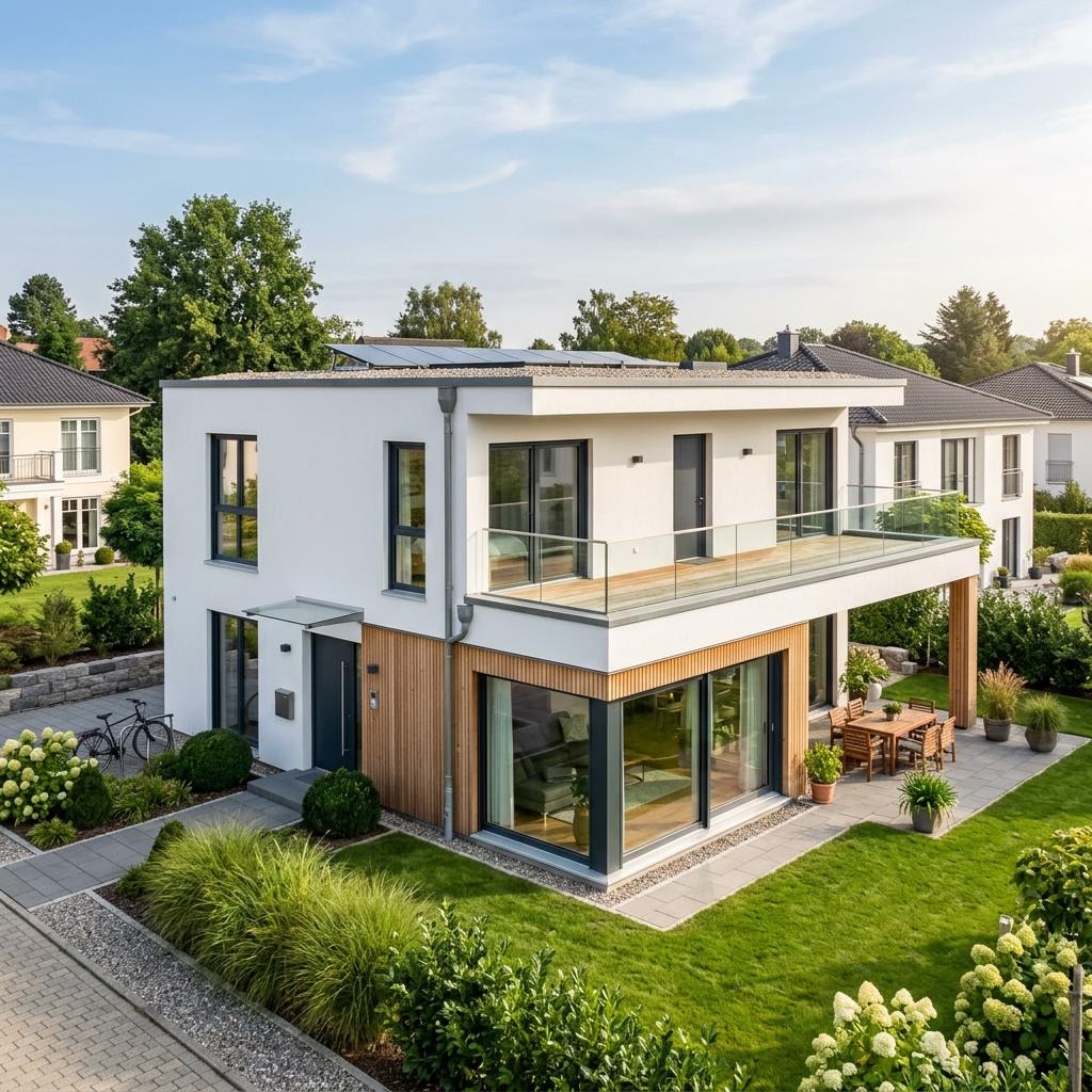 Kubushaus Cube 150 des Herstellers LUXHAUS mit Flachdach — kubisches Fertighaus im Bauhausstil mit 150 m²