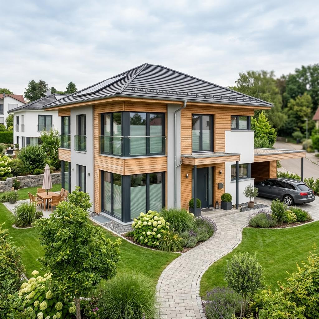 Luxusvilla Prestige Lignum 200 des Herstellers LUXHAUS mit Walmdach und Suite