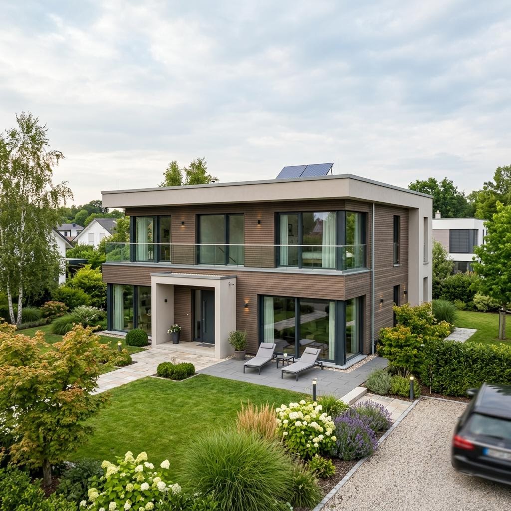 Luxusvilla Prestige Selva 212 des Herstellers LUXHAUS mit Flachdach und Spa-Bereich