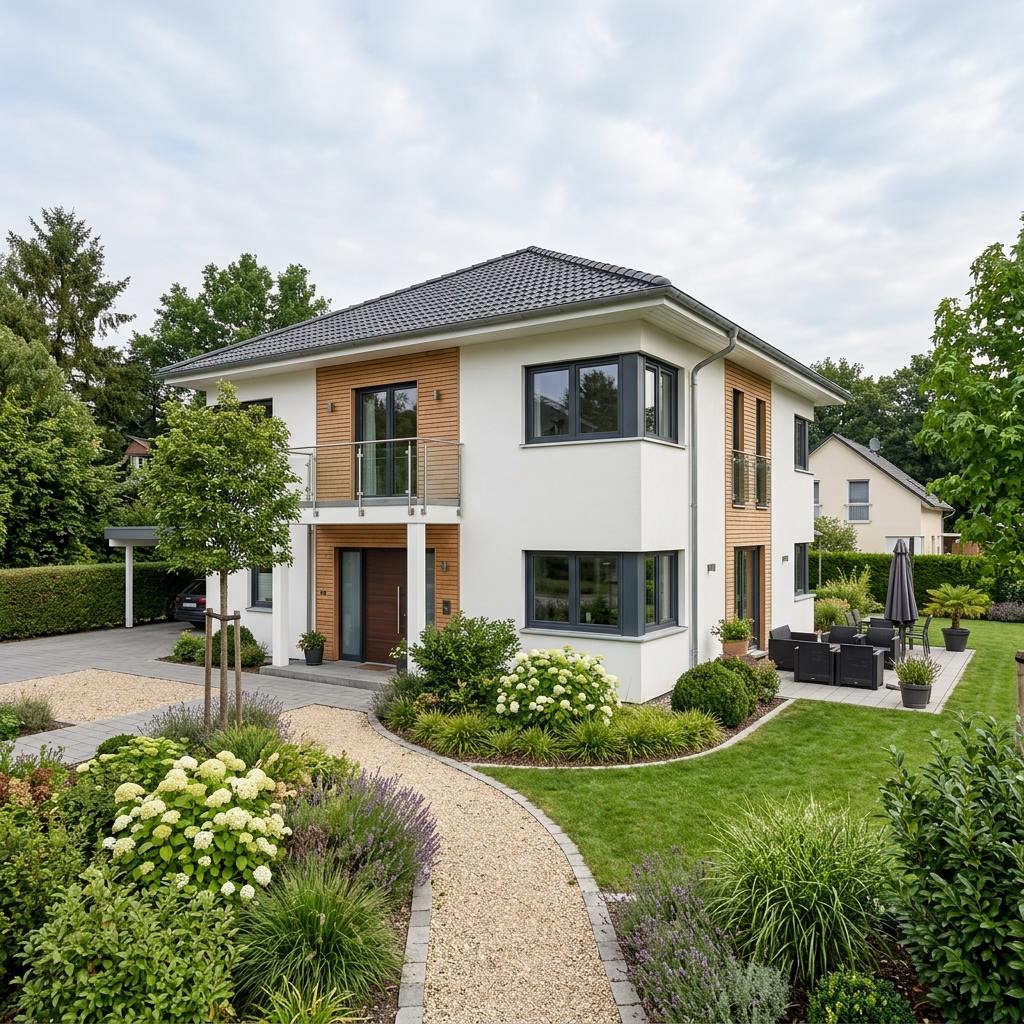 Stadtvilla Prisma Living 175 des Herstellers LUXHAUS mit Walmdach und diffusionsoffener Holzbauweise