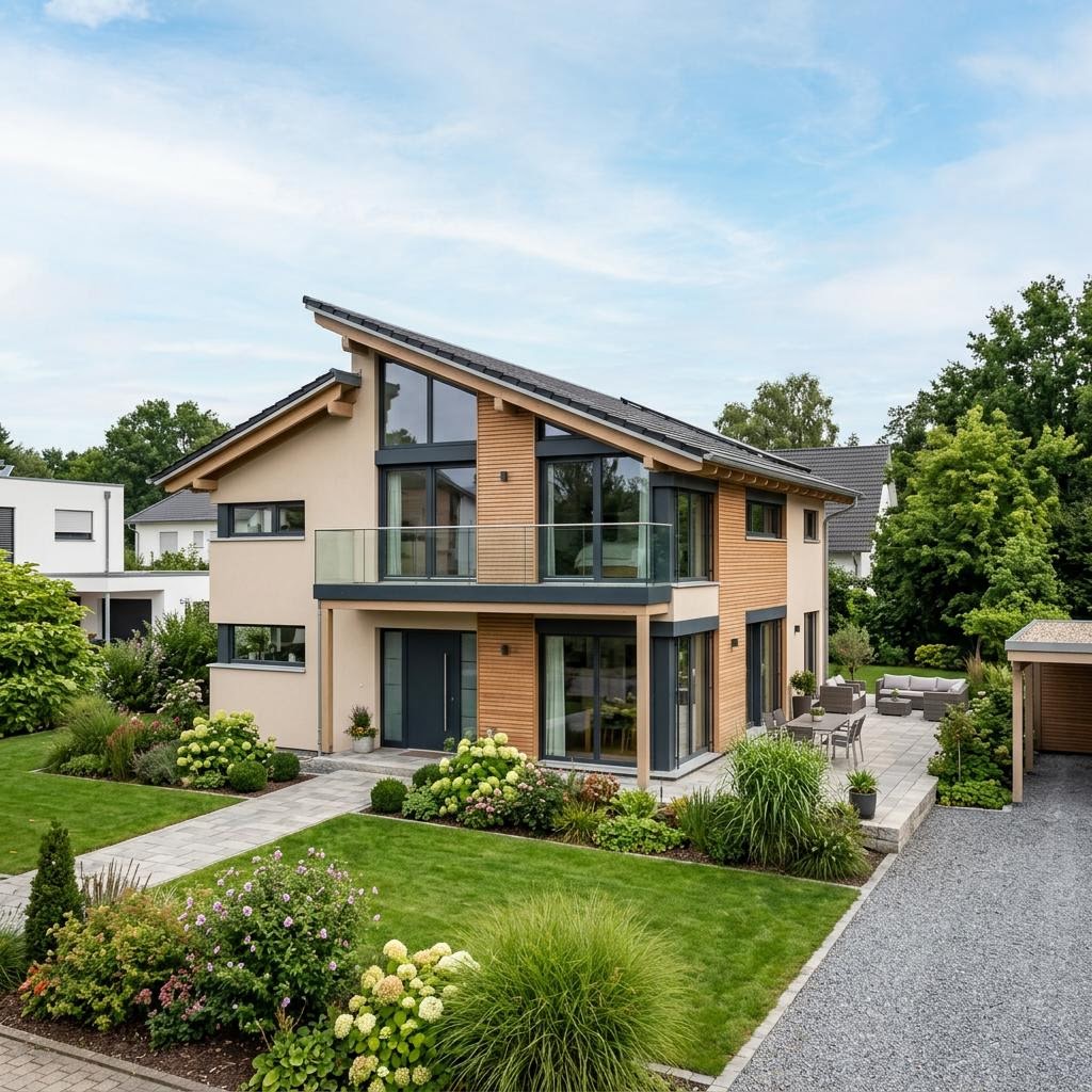Luxusvilla & Designerhaus Pultdach 175 des Herstellers LUXHAUS — diffusionsoffener Holzbau mit 175 m²