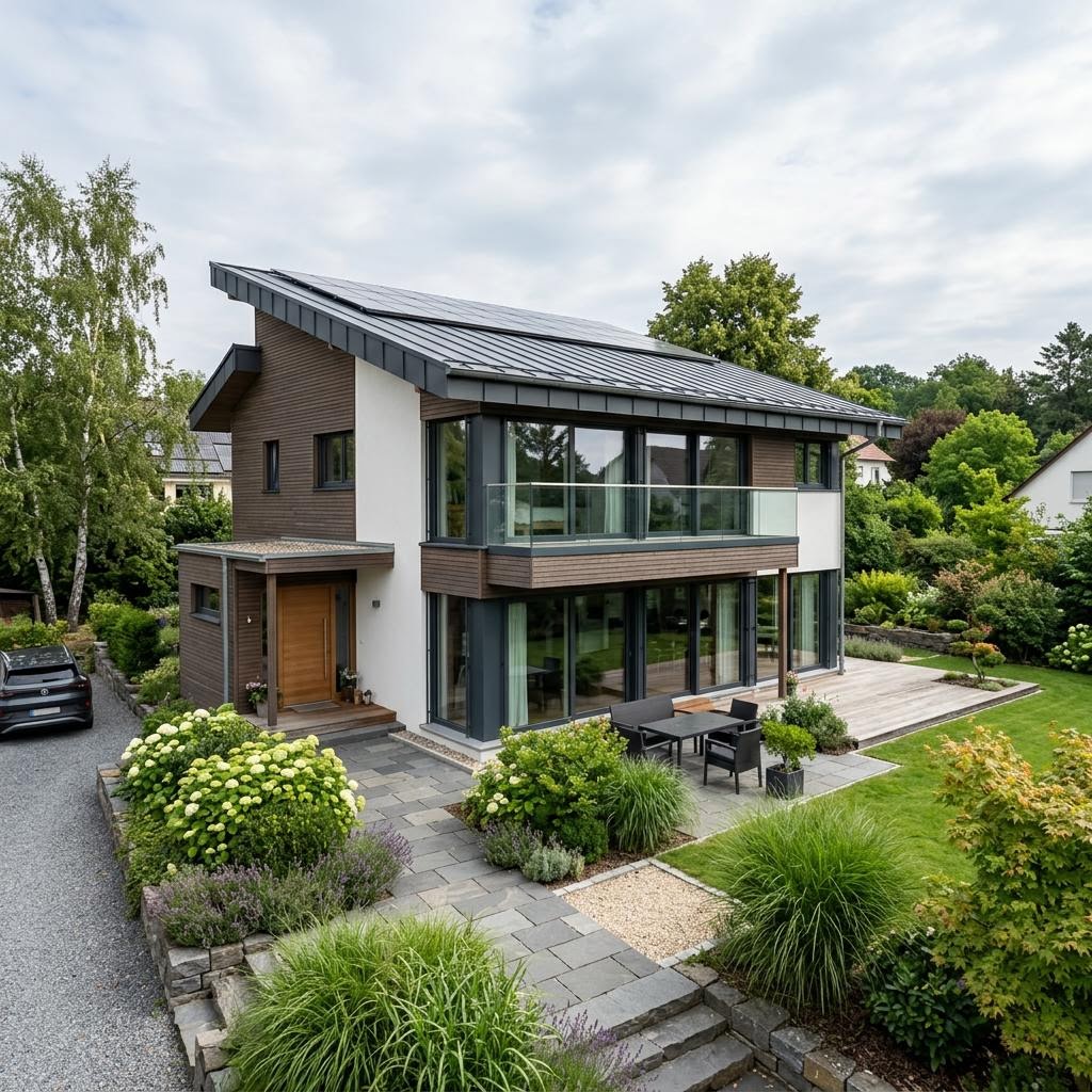 Pultdachhaus Pultdach Solar 176 des Herstellers LUXHAUS mit diffusionsoffener Wand und Solardach