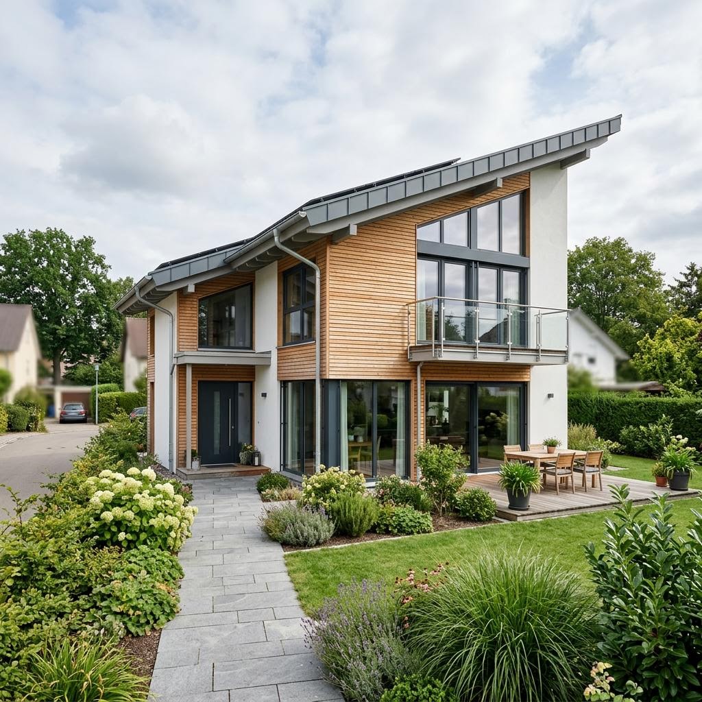 Pultdachhaus Pult Klassik 186 des Herstellers LUXHAUS mit klarer Kante und großem Solardach