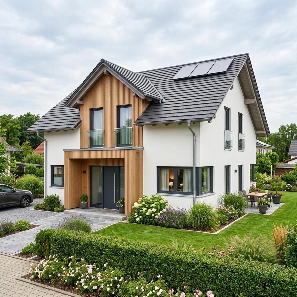 Luxusvilla & Designerhaus Satteldach Klassik 198 des Herstellers LUXHAUS — diffusionsoffener Holzbau mit 198 m²