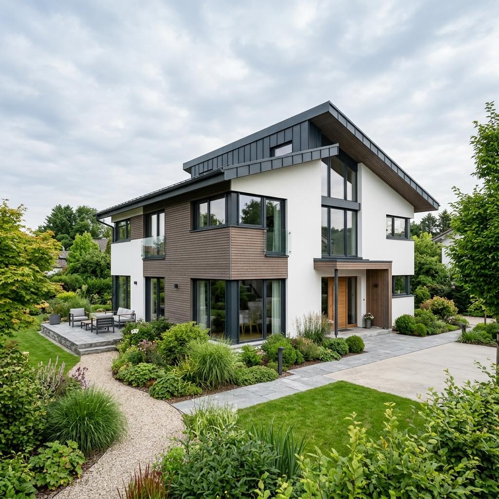 Pultdachhaus Versatz Pult 198 des Herstellers LUXHAUS mit versetztem Pultdach und Lichtband