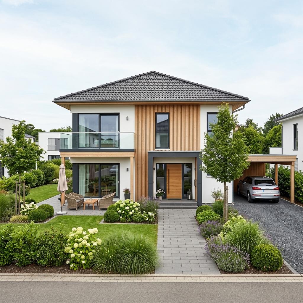 Luxusvilla & Designerhaus Walmdach 220 des Herstellers LUXHAUS — diffusionsoffener Holzbau mit 220 m²