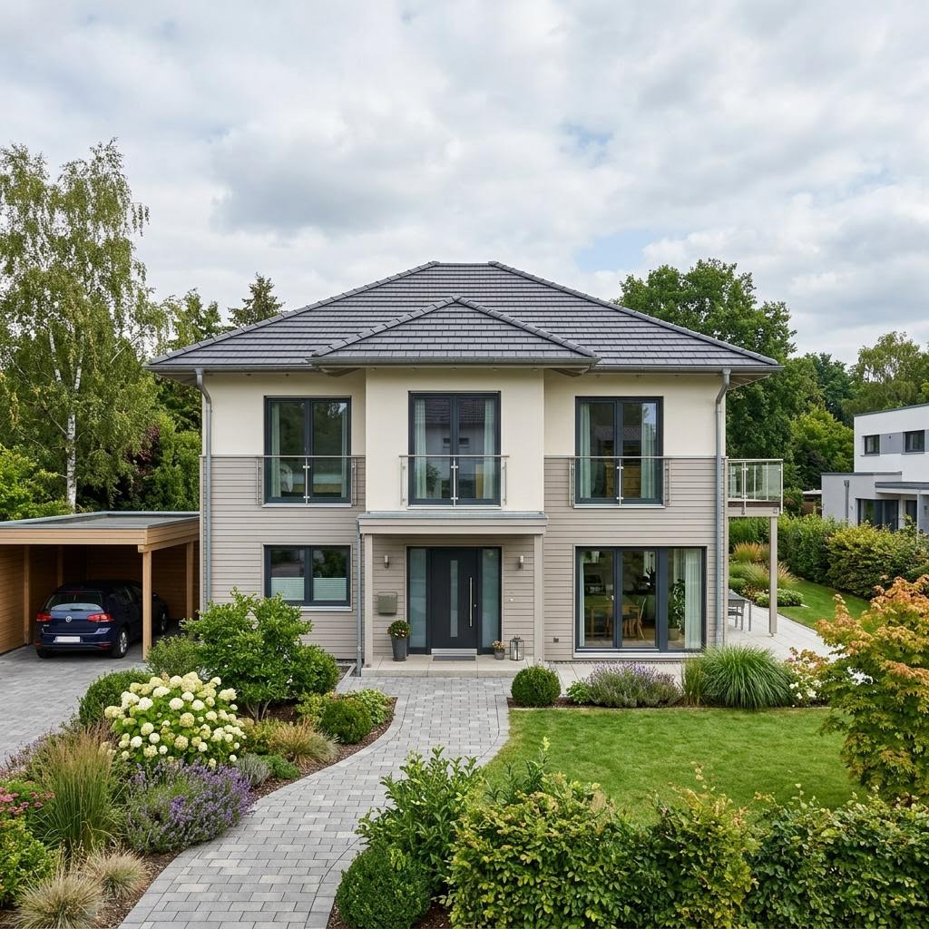 Ausbauhaus EcoLine 15-02.W des Herstellers massa haus mit Walmdach — Fertighausmodell mit rund 148 m² und Homeoffice