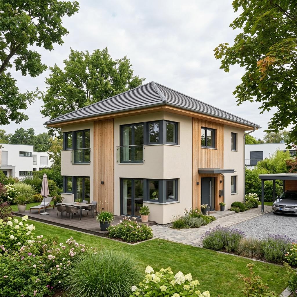 Stadtvilla EcoLine 17-01.S des Herstellers massa haus mit Walmdach — Ausbauhaus mit 172 m² für Familien